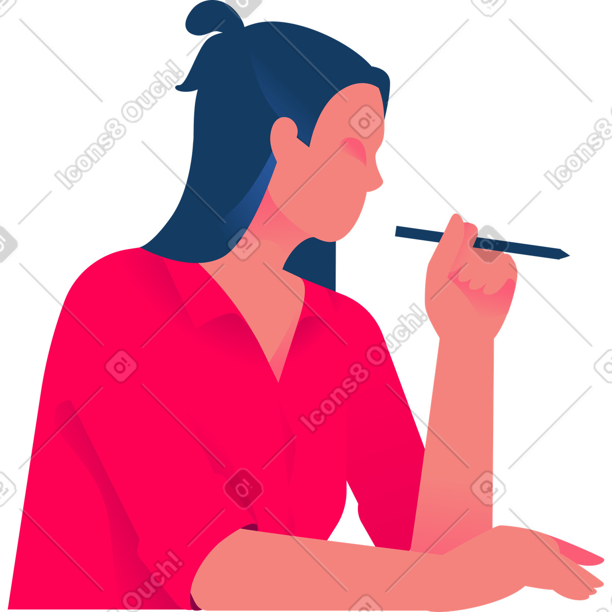 Woman with a pen in her hand bends down side view illustration Daily style download PNG, SVG