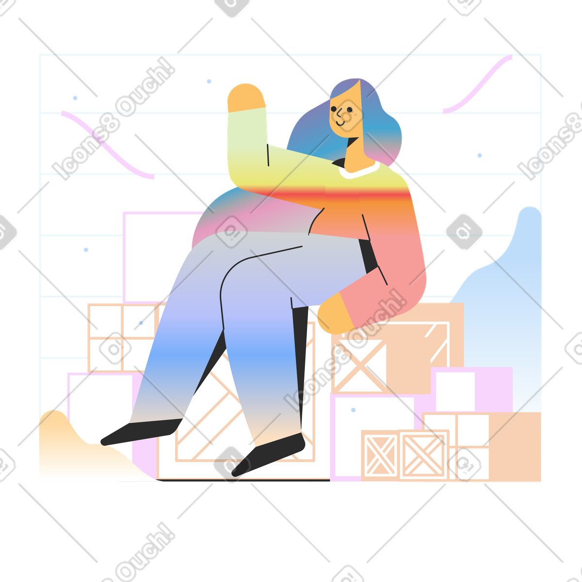 Woman sitting on shipping boxes illustration in Marginalia style download in PNG, SVG