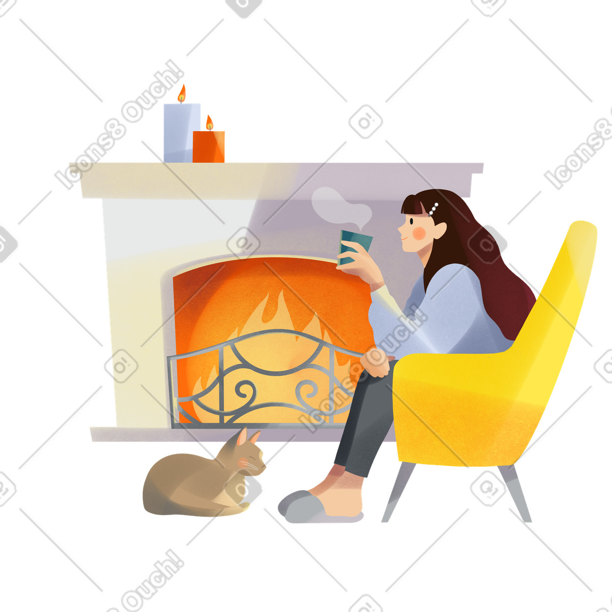 Young woman sitting near the fireplace with a cat illustration in Shine style download in PNG, SVG