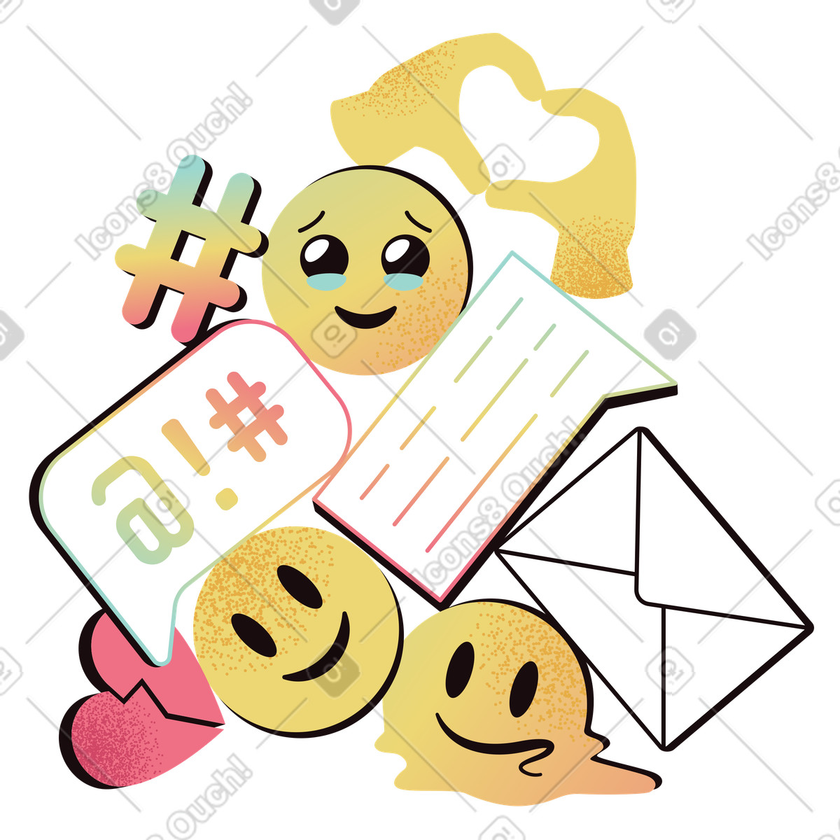 Messaging app panel with mixed emoji reaction clipart and flat illustration