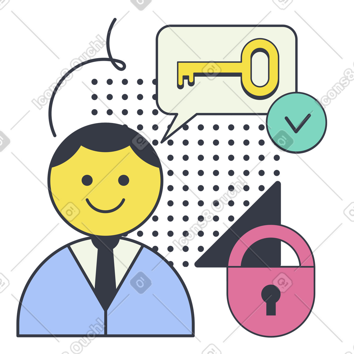 Ilustración Usuario con iconos de llave y candado abierto, autenticación seguridad inicio sesión, contraseña segura o concepto acceso en estilo Abstract a descargar en PNG SVG