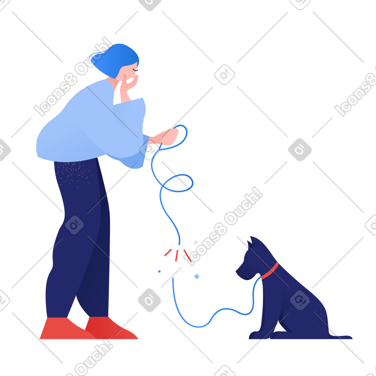 下载 Clip 风格的 女人遛狗但皮带坏了 插画，支持 PNG、SVG 格式