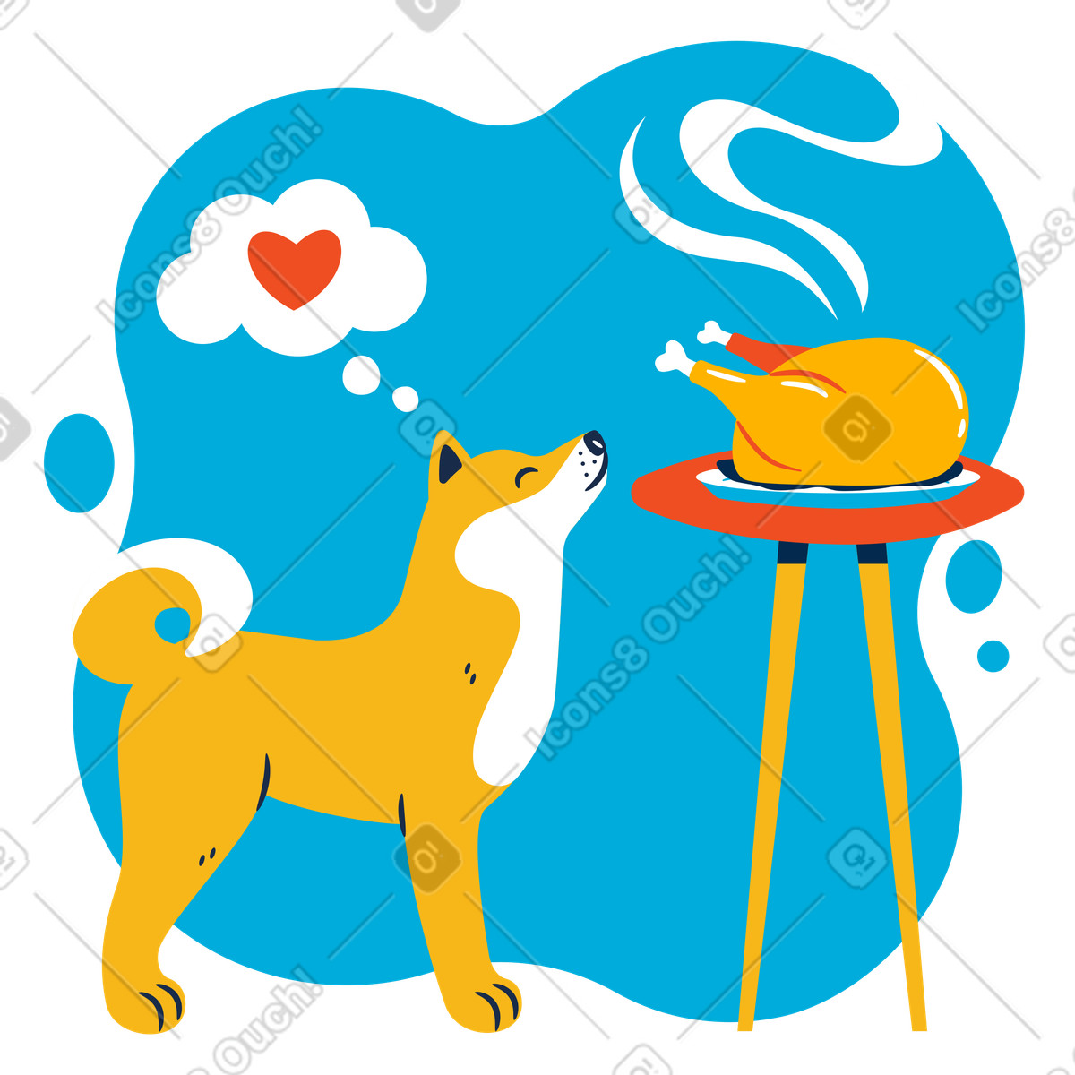 Illustration Chien reniflant une dinde cuite au four dans le style Flame à télécharger aux formats PNG, SVG