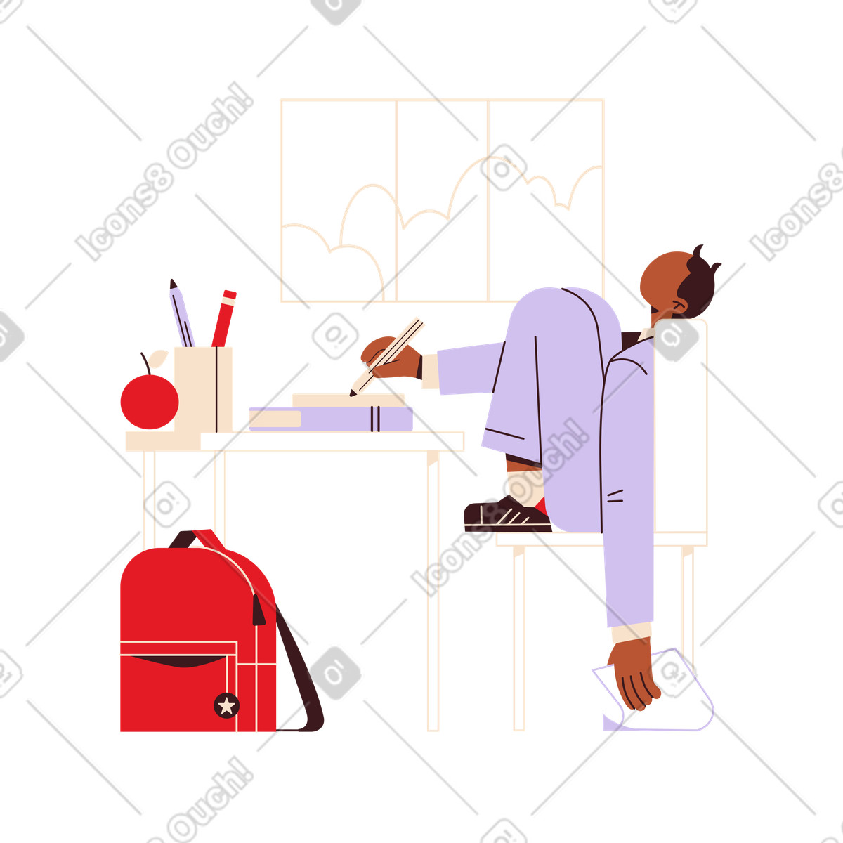 Student doing homework at desk, Studying and learning illustration in Folks style download in PNG, SVG