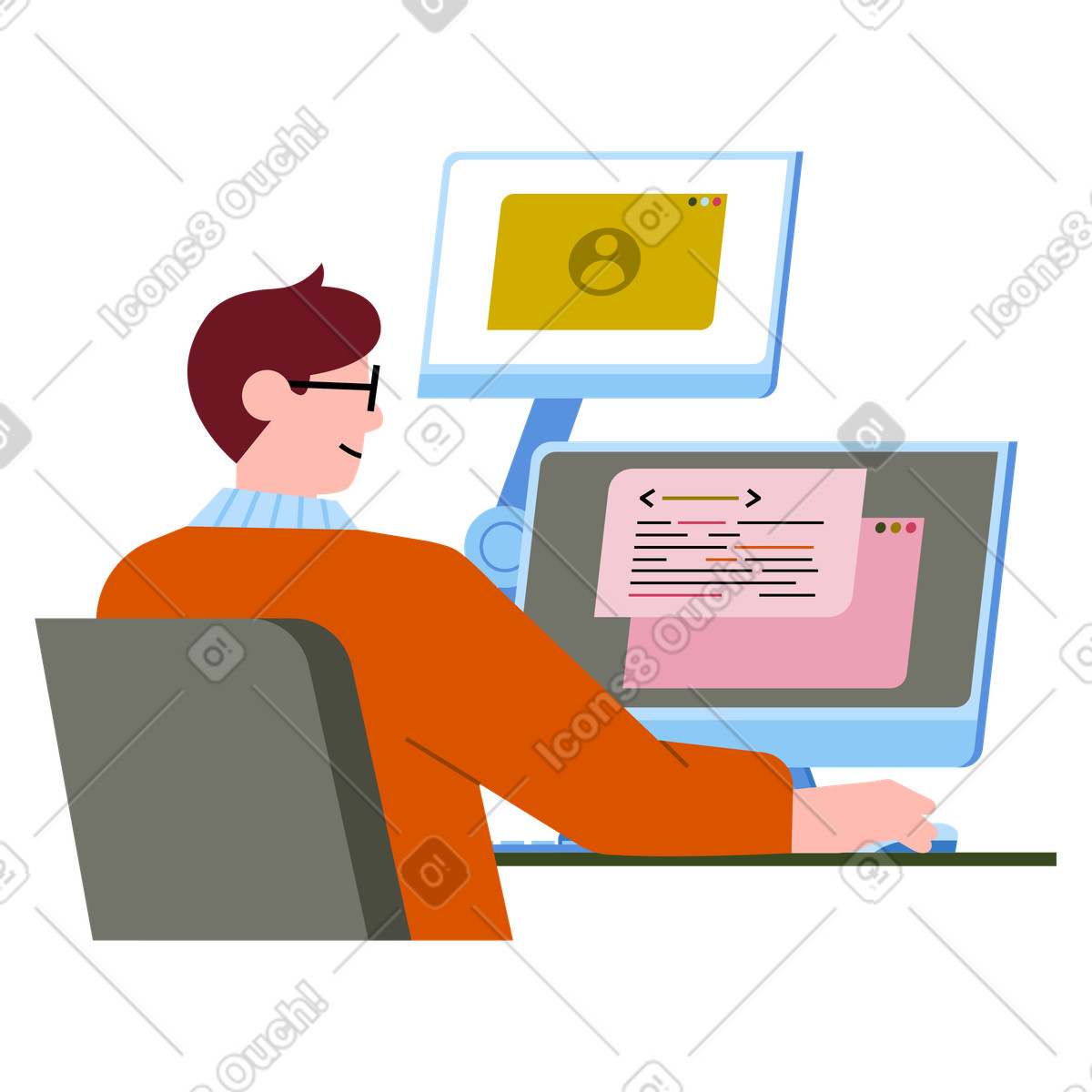 Developer writing and testing code, Software developer working at dual monitors, Programming workflow on desktop setup animated illustration in GIF, Lottie (JSON), AE