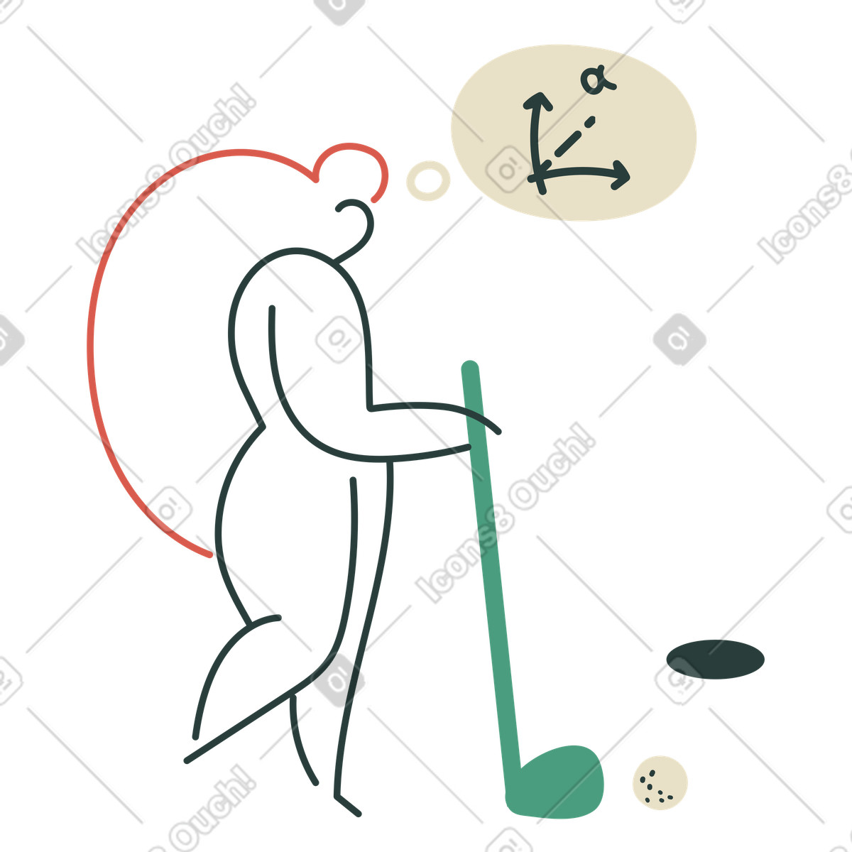 Ilustración Mujer planea golpear para meter la pelota de golf en el hoyo estilo Macaroni a descargar PNG y SVG