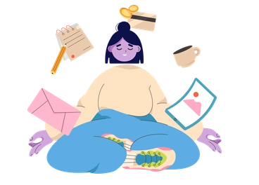A person surrounded by various tasks and items - Dizzy style illustration