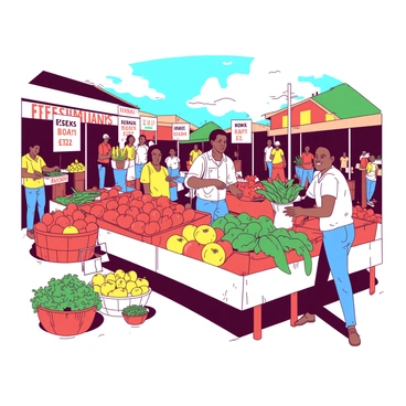 A vibrant outdoor market in Kingston is filled with vendors selling fresh produce. Stalls are lined with a variety of colorful fruits and vegetables, including red tomatoes, yellow bell peppers, and green leafy greens. Shoppers are moving through the aisles, some inspecting the produce while others are making purchases. The sun shines down brightly, illuminating the lively scene. Signs with prices hang from the stalls, and baskets overflowing with fresh items are prominently displayed. A vendor is seen handing a bag of fresh oranges to a customer, while another vendor enthusiastically showcases their assortment of herbs. The atmosphere is energetic with people chatting and laughter echoing throughout the market.