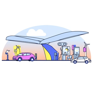 A futuristic fuel hub with sleek, angular architecture featuring large glass panels and metallic surfaces. The structure has a distinct, aerodynamic shape with smooth curves and sharp edges. Surrounding the hub are rows of solar panels and wind turbines, highlighting the advanced technology in use. There are multiple fuel dispensers with illuminated digital screens displaying information. In the foreground, a couple of electric vehicles are parked and charging at designated stations. The sky is clear with a gradient from light blue to pale orange, indicating a sunrise.