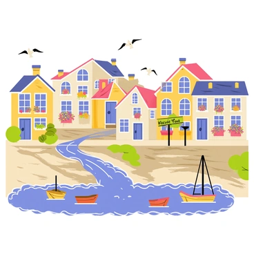 A quaint seaside village with cobblestone streets and water flowing to the sea