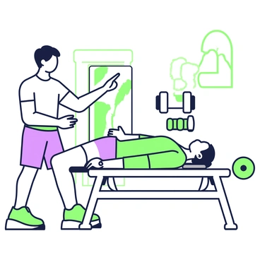A personal trainer is standing next to a client who is practicing the chest press on a bench. The trainer has short hair and is wearing a fitted athletic shirt and shorts. The client is lying on their back on the bench, gripping the weights above their chest with both hands. The trainer is demonstrating proper form, pointing towards the client's elbows while offering encouragement. In the background, there are various gym equipment items, including a set of dumbbells and a mirror reflecting the scene. The lighting is bright, highlighting the focused expressions on both the trainer and the client.