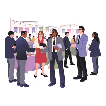 A digital flat illustration depicting a bustling networking event. In the foreground, a diverse group of professionals is engaged in conversation. On the left, a man with medium skin and short black hair is exchanging a business card with a woman who has light skin and long brown hair. She is wearing a navy suit and holding a tablet in her other hand. In the background, several other pairs of individuals are seen actively talking, with one man wearing glasses and a gray suit laughing as he hands a card to a woman in a red dress. Colorful banners and tables with refreshments are visible throughout the scene. Soft light fixtures hang from the ceiling, adding warmth to the ambiance.