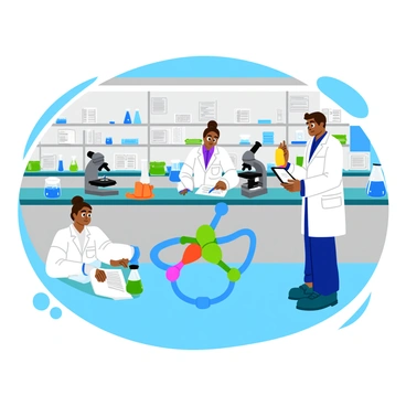 A laboratory setting with several scientists in white lab coats engaged in research. One scientist is examining a colorful molecular model of ATP on a glass table, while another is taking notes on a digital tablet. There are various laboratory equipment on the counters, including beakers filled with blue and green liquids, microscopes, and test tubes arranged neatly. The walls are lined with shelves containing books and research papers. Bright fluorescent lights illuminate the room, highlighting the busy atmosphere of scientific inquiry.