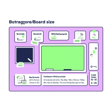 A large informative poster is displayed on a wall, featuring various board sizes. Each board is represented in a labeled section, showing its dimensions clearly. There are five distinct board sizes, ranging from small to large, all arranged in a grid format. Each board includes icons illustrating its common uses, such as a chalkboard with a piece of chalk, a whiteboard with markers, and a corkboard with pinned notes. Additionally, accompanying text notes provide brief descriptions of suitable applications for each board type. The overall layout is organized and easy to read, highlighting both visual and textual information effectively.
