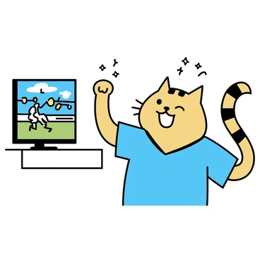 A chubby orange cat with distinctive black stripes is wearing a blue sports jersey. The cat has a wide grin on its face, its eyes filled with excitement as it cheers. In front of the cat, there is a television screen displaying a vibrant sports game. The room has a simple layout with minimal furniture, focusing on the TV and the cheering cat. The cat's tail is raised high, expressing its enthusiasm for the game.