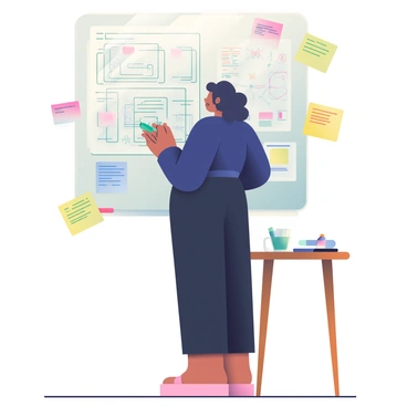 A woman with light brown skin and curly black hair is standing in front of a large whiteboard, sketching app designs. She is wearing a fitted navy blue blouse and black pants. In her left hand, she holds a green marker, while her right hand is poised as she draws. Surrounding her are colorful sticky notes in various shades of pink, yellow, and blue, each with different annotations and sketches. The whiteboard is filled with diagrams and flowcharts illustrating the app features. A wooden table nearby is cluttered with pens, a laptop, and a coffee mug.