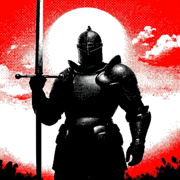 A silhouette of a warrior is standing tall against the backdrop of a fiery sunset. The warrior is clad in heavy armor that features intricate detailing, encompassing a helmet, shoulder pads, chest plate, and gauntlets. The armor is imposing and robust, showcasing various textures that suggest strength and resilience. The warrior holds a sword upright, creating a striking outline against the vibrant sky. The sunset displays bold shapes and contrasts, creating an intense atmosphere around the warrior's silhouette.