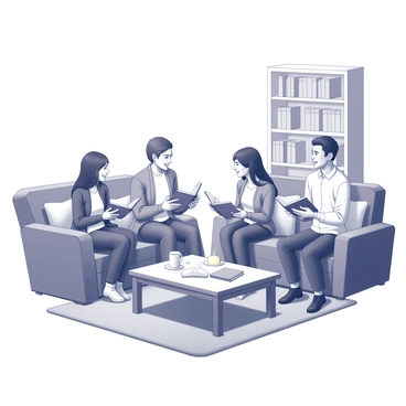 A small group of four people is seated in a cozy living room. The room features a warm, inviting atmosphere with plush sofas and an assortment of decorative cushions. Each person is holding a book in their hands, displaying various genres such as fiction, mystery, and nonfiction. They are engaged in an enthusiastic discussion, with animated facial expressions and gestures conveying their excitement. A coffee table in the center holds a steaming mug and a few more books, while a bookshelf lined with neatly arranged books can be seen in the background. A soft rug covers the floor, adding to the room's warmth.