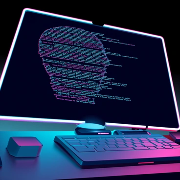A close-up of a computer screen with a black background, showcasing lines of brightly colored code in various programming languages. The code is arranged intricately to form the outline and details of a human portrait. The portrait's features are emphasized by contrasting colors, creating a digital mosaic effect. The screen emits a soft glow, highlighting the surrounding workspace which includes a keyboard and a few scattered electronic components.