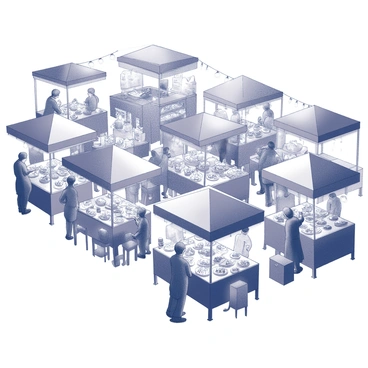 A night market filled with numerous stalls, each showcasing a variety of foods and goods. The stalls are adorned with vibrant canopies and illuminated by strings of lights, creating an inviting atmosphere. People are seen walking through the market, engaging in conversation and sampling different dishes. Some stalls display fresh fruits and vegetables, while others have cooked meals being prepared right in front of customers. The air is filled with the enticing aromas of grilled meats, spicy dishes, and sweet treats. Tables with patrons enjoying their meals can be seen scattered throughout the market, creating a lively and social environment.