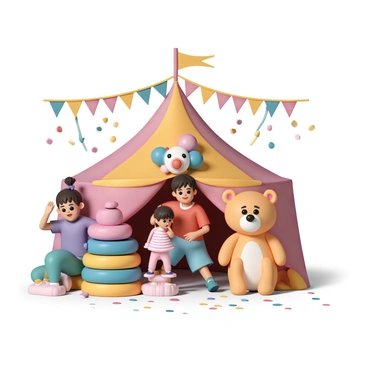 A group of three children, a boy and two girls, are hiding among various colorful props and costumes inside a circus tent. The boy, wearing a red T-shirt and blue shorts, is peeking out from behind a large, vibrant clown costume. One girl, dressed in a pink dress with bright yellow stripes, is crouched next to a stack of oversized juggling pins, holding a finger to her lips as if to signal silence. The second girl, in a purple shirt and green leggings, is partially concealed behind a large stuffed animal resembling a lion. Brightly colored bunting and streamers hang from the ceiling of the tent, creating a festive atmosphere. The ground is scattered with colorful confetti and small toy instruments, enhancing the whimsical scene.