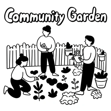 Several women working together in a community urban garden, planting and tending to various vegetables. One woman kneels down, digging soil with a small shovel next to a row of tomato plants. Another woman stands, holding a watering can with water pouring onto a patch of leafy greens. There are gardening tools scattered around, including a rake and a trowel. In the background, a wooden fence surrounds the garden, and a few potted plants sit on shelves nearby. The words "Community Garden" are displayed prominently above the scene.