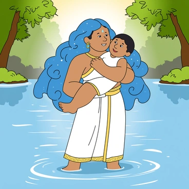 The river goddess "Ganga" is depicted with flowing blue hair that resembles water currents, adorned with sparkling droplets. She has a gentle expression full of love and grace. In her arms, she is cradling "Bhishma" as a child, who has bright eyes and a playful smile. He is dressed in a simple white tunic with golden trim. Ganga is standing in a serene river, with waves gently rippling around her feet, and lush green trees are visible in the background, framing the scene. The light reflects off the water, creating a soft and warm atmosphere around them.