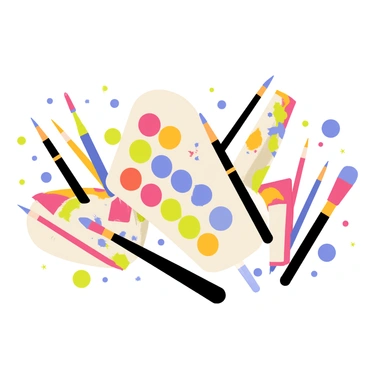 A vibrant illustration featuring a variety of art supplies scattered across the image. There are paintbrushes in different sizes, tubes of paint in bright colors, and a palette splattered with a mix of hues. In the background, different artistic tools such as pencils, markers, and charcoal sticks are arranged in a dynamic manner. Each item showcases its unique color, creating a lively atmosphere that celebrates artistic diversity.