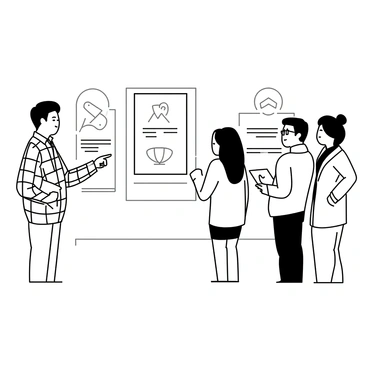 A group of four people is standing in a museum, attentively listening to a tour guide. The tour guide is pointing towards an exhibit, wearing a smart outfit with a name tag. The listeners include a man with short hair wearing a plaid shirt, a woman with long hair in a bun wearing a sweater, another man wearing glasses and a turtleneck, and a woman with curly hair in a jacket. The museum walls are adorned with various artworks and artifacts, and there are informational plaques beside the exhibits. The atmosphere is focused as the group engages with the information being presented.