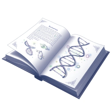 A fairytale book lies open on a surface. The pages are filled with intricate illustrations of DNA strands that resemble twisting vines and sparkling magical elements. Each DNA strand is adorned with tiny, whimsical details such as stars, flowers, and glimmering orbs, creating a sense of enchantment. The surrounding text is written in a fanciful font, inviting readers into a world where science and magic intertwine.