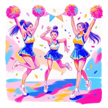 A set of cheerleaders is depicted in various dynamic poses. One cheerleader is mid-jump, her pom-poms raised high above her head, wearing a bright blue and white uniform with a pleated skirt. Another cheerleader is performing a split leap, her arms extended gracefully, showcasing a ponytail that flows in the air. A third cheerleader is executing a powerful cheer pose, with one leg bent and raised, while her other arm is pointed forward. The background features colorful banners and confetti to enhance the lively atmosphere. Each cheerleader has a different hairstyle, adding variety to the ensemble.