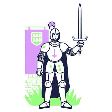 A valiant knight is standing tall, wearing shining armor that reflects light. The armor features intricate designs and is polished to a gleam. He holds a medieval sword aloft with both hands, showcasing the weapon's long blade and ornate hilt. A determined expression is visible on his face, and his helmet has a plume at the top. Behind the knight, there is a stone wall with a banner hanging, displaying a coat of arms. The ground is covered in grass, adding a natural element to the scene.