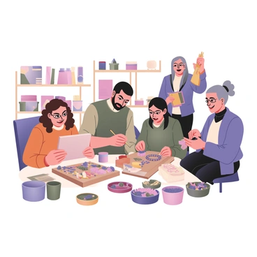 A community workshop scene featuring a diverse group of five individuals engaged in creating handmade crafts. On the left, a woman with curly brown hair is painting a wooden sign, surrounded by vibrant pots of paint. Next to her, a man with glasses and a beard is carefully assembling a model from various craft materials. In the center, a girl with long black hair is weaving colorful threads into a bracelet on a small table filled with beads. To the right, an older woman with gray hair is knitting, her lap filled with yarn in multiple colors. A boy is standing at the back, excitedly holding up a finished paper mache project. The background features shelves filled with craft supplies and tools, enhancing the creative atmosphere of the workshop.