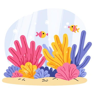 An underwater scene featuring vibrant coral formations that resemble "blooming flowers." The coral structures have intricate textures and bright colors, including pink, orange, and purple hues. Fish of various sizes and species swim among the coral, adding movement to the scene. Bubbles rise from the sea floor, and beams of light filter down from the surface, illuminating the vivid colors of the coral and the fish. The sandy ocean floor is visible beneath the coral, providing a contrast to the lively underwater flora.