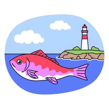 A snapper fish with vibrant red scales swims gracefully near a rocky shoreline. The water is clear, allowing the fish to be seen as it moves among the rocks. In the background, a tall lighthouse stands on the edge of the shoreline, painted white with red accents. The lighthouse is surrounded by a few patches of green grass and small shrubs. The sky is bright blue with fluffy white clouds scattered throughout.
