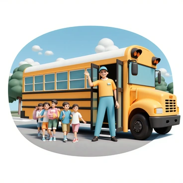A cheerful school bus driver, wearing a blue cap and a yellow uniform shirt, is standing at the open door of a bright yellow school bus. The driver has a big smile and is waving to a group of children excitedly approaching the bus. The children, a diverse group of boys and girls in colorful backpacks and casual clothing, are happily chatting as they walk up the steps to board the bus. The bus is parked on a sunny street with a few trees and a clear blue sky in the background.