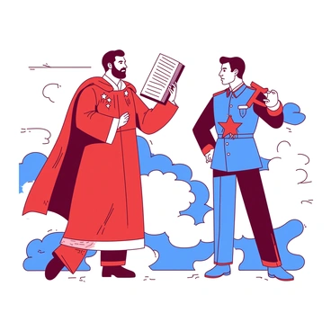 A red figure representing democracy stands tall, holding a large open book in one hand, symbolizing freedom of information. The figure is dressed in a flowing robe with stars and stripes adorning it. Opposite this, a blue figure personifying communism stands firm, clutching a hammer and sickle in its right hand. This figure wears a uniform with a bold emblem on the chest. Both figures are positioned in a dynamic standoff, with contrasting facial expressions reflecting their opposing ideologies. The background consists of swirling clouds that enhance the tension between the two figures, highlighting the clash of their values.