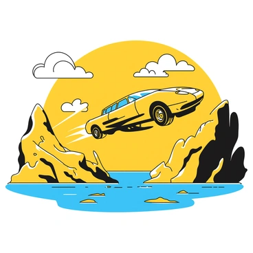 An express car making a daring leap between two islands over a crystal-clear sea