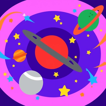 Colorful stars and planets of various sizes and shapes are orbiting around each other in a dynamic galaxy. The stars are bright yellow and blue, twinkling in different patterns. The planets include a large red planet with rings, a small green planet with craters, and a shiny silver planet reflecting light. Many colorful comet trails streak across the scene. The galaxy has swirling shades of purple, pink, and blue, creating a sense of movement and energy in the cosmic background.