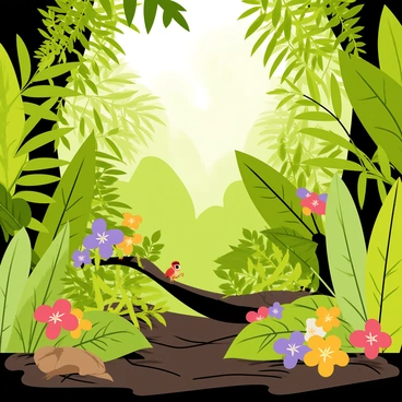 A dense rainforest understory filled with a variety of vibrant green plants. The scene includes large, broad-leaved ferns with intricate patterns and colorful flowers in shades of red, yellow, and purple. Sunlight filters through the thick canopy above, creating dappled light on the forest floor. Hidden among the foliage are small animals such as a brown frog and a colorful bird perched on a branch. The texture of the soil is dark and rich, with scattered leaves and twigs adding complexity to the scene.