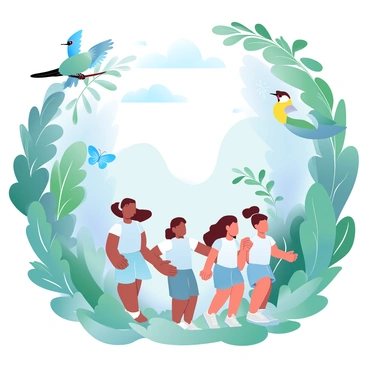 A group of children is wandering through a vibrant rainforest. The children are wearing light, colorful clothing and are looking around in awe. Lush green foliage fills the background, with towering trees and a variety of plants surrounding them. Brightly colored birds are perched on branches overhead, showcasing a range of hues from brilliant blues to vivid yellows. Delicate butterflies flit through the air, displaying intricate patterns in their wings. Sunlight filters through the leaves, creating a dappled effect on the forest floor.