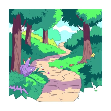 A winding path made of cobblestones leads through a lush forest filled with vibrant trees. The trees have thick green leaves and intricate bark patterns. Along the path, small magical creatures with colorful features peek out from behind the trunks and bushes. One creature has shimmering wings and is perched on a low branch, while another is peeking from behind a large fern. The sunlight filters through the canopy, casting dappled shadows on the path. Flowers with unusual shapes and bright colors are scattered along the sides of the trail, adding to the enchanting atmosphere.