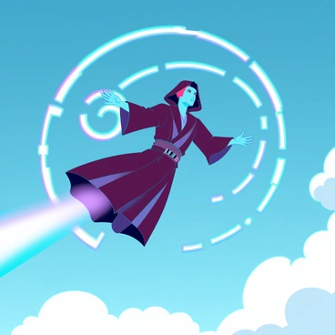 A Jedi in ornate robes with a hood, showcasing a determined expression as they soar through a clear blue sky. Their arms are outstretched, and they are surrounded by a shimmering aura of energy generated by the Force. Behind them, a bright, swirling trail of light follows, illuminating the atmosphere with streaks of vivid colors. The Jedi's lightsaber is ignited, casting a soft glow that contrasts with the brilliance of the trail behind them. Distance reveals fluffy white clouds scattered across the sky, adding depth to the scene.