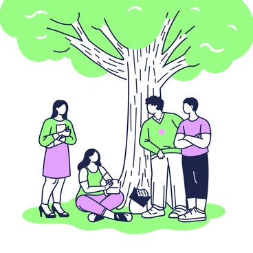 A small group of four people is gathered under a large tree with a thick trunk and sprawling branches. The individuals include two men and two women, all dressed in casual clothing. One woman has long hair and is sitting cross-legged on the ground, while the other stands with her arms crossed, listening attentively. One man is holding a notepad as he speaks, and the other is leaning against the tree with a thoughtful expression. Sunlight filters through the leaves of the tree, casting dappled shadows on the ground.