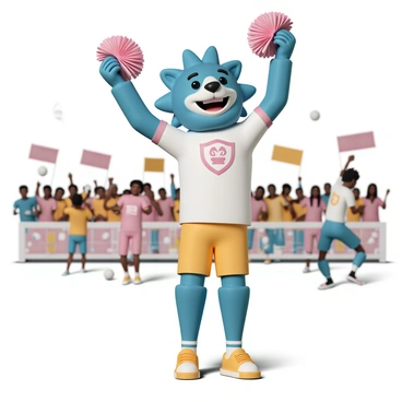 A friendly sports mascot, designed as a large, colorful anthropomorphic animal with bright blue fur and a wide, cheerful smile. The mascot is wearing a sporty jersey with the team's logo prominently displayed on the front, matching shorts, and a pair of vibrant sneakers. Its arms are raised high in the air, holding pom-poms, as it enthusiastically cheers for a dodgeball team. In the background, players in team uniforms are in an active game, dodging and throwing balls, while a crowd of fans waves banners and signs supporting their team.