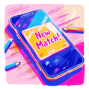 A close-up view of a smartphone screen displays a vibrant notification reading "New Match!" in bold letters. The smartphone has a sleek design with a glass back and a metallic frame. The notification is brightly colored, standing out against the dark background of the screen. The phone is resting on a wooden surface, and a faint reflection of the light can be seen on the screen.