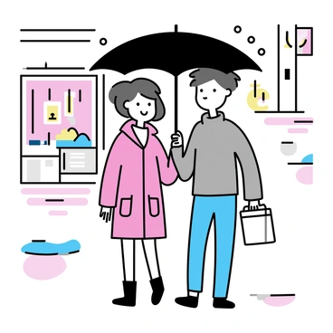 A couple is walking down a rainy street, sharing a large black umbrella. The man is dressed in a gray coat and blue jeans, while the woman is wearing a red raincoat and black boots. The pavement is glistening with raindrops, reflecting various colorful lights from nearby stores. Puddles on the ground mirror the vibrant colors, creating an interesting pattern of reds, blues, and yellows. The couple appears engaged in conversation, smiling as they stroll under the umbrella.