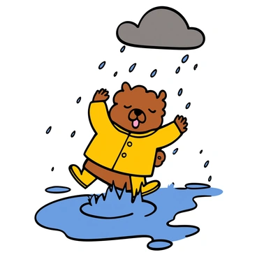 A chow chow with a fluffy golden coat is wearing a bright yellow raincoat and matching yellow boots. The dog is joyfully splashing in a puddle, sending droplets of water flying in the air. The scene includes dark gray clouds overhead, indicating rain, and there are several puddles scattered on the ground. The chow chow has a playful expression, with its tongue out and ears perked up, enjoying the rainy day.