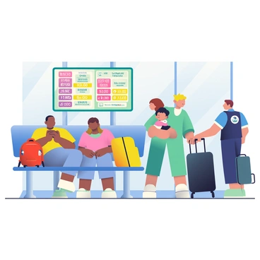 A bustling ferry terminal waiting area is filled with travelers holding various types of luggage. In the foreground, a family is sitting on bright blue benches, the parents are watching their children play with a red backpack beside them. Nearby, a couple is standing close together, each holding a wheeled suitcase, one in vibrant yellow and the other in classic black. In the background, a large digital departure board displays colorful flight and ferry times, illuminating the area. To the side, a friendly staff member wearing a navy uniform assists a traveler who is holding a large duffel bag. The walls of the terminal are decorated with large windows that allow natural light to fill the space, giving it an open and inviting atmosphere.