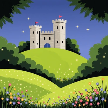 An old castle made of gray stone sits atop a lush green hill. The castle has tall, narrow towers with pointed roofs and arched windows. Surrounding the castle are thick trees, their leaves fluttering gently in the breeze. Below, the valley is filled with a soft glow from countless drifting fireflies, illuminating the air in a warm yellow hue. The fireflies dance gracefully among the tall grasses and colorful wildflowers that blanket the valley floor. The evening sky above is a deep blue, dotted with twinkling stars.